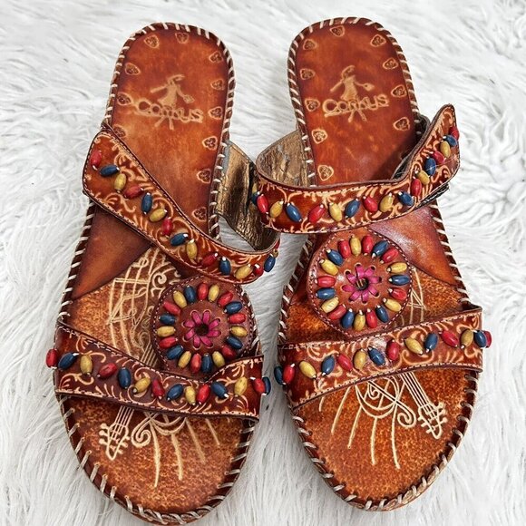 Corkys Double Strap Leather  Sandals Heels Size 11 Beaded Brown Colorful Artsy - Picture 1 of 14
